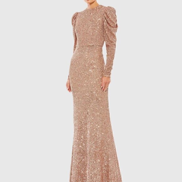 NWT Mac Duggal 26692 Sequined High Neck Puff Long Sleeve Column Gown Copper - Picture 1 of 11